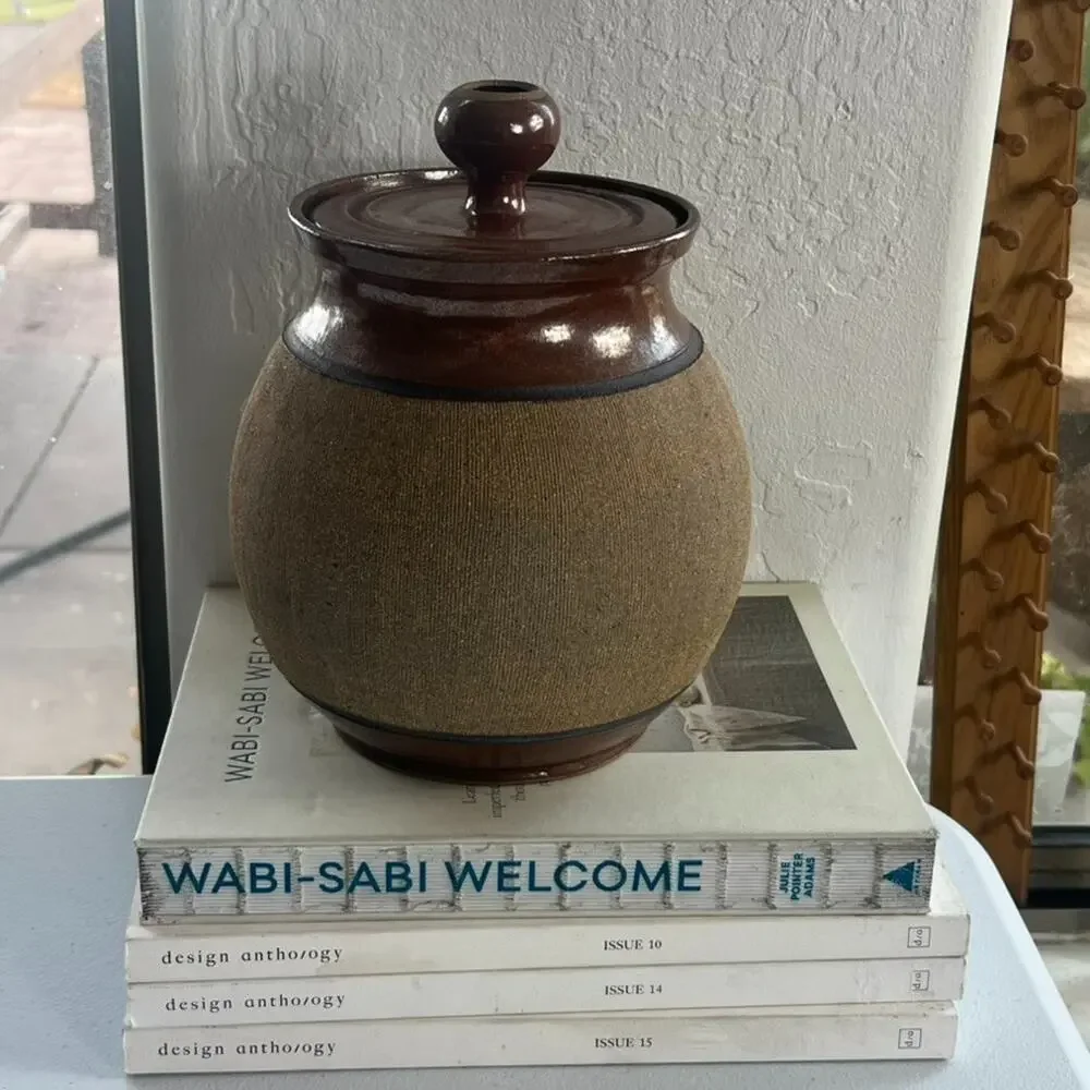 Art Studio Pottery Handmade Stoneware Lidded Storage Jar Artist Signed Brown Vtg